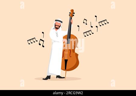 Business flat cartoon drawing double bass player with big string instrument. Arabian man musician playing classical music with fingers. Professional c Stock Photo