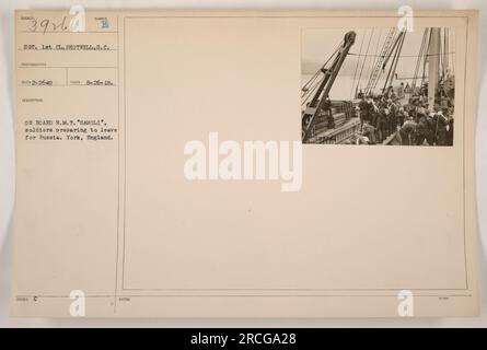 Soldiers on board H.M.T. 'SAMOLI' in York, England, prepare to depart for a mission in Russia during World War One. Photo taken on August 26, 1918, by photographer 1st Class Shotwell, S.C. Note: Mission details are not provided. Stock Photo