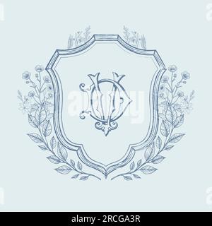 Vintage DV initial monogram with floral wedding crest. Vintage wedding crest monogram vector illustration. Stock Vector