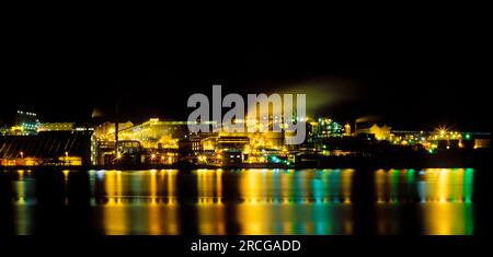 Aluminum smelter at night, Hobart, Tasmania, Australia Stock Photo