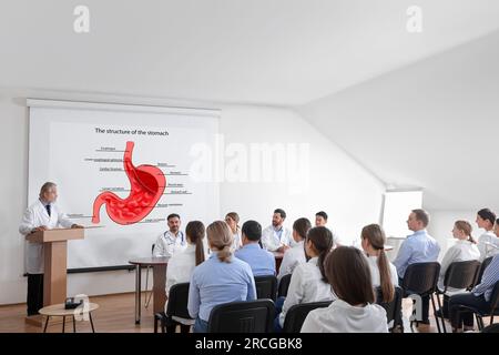 Lecture in gastroenterology. Conference room full of professors and doctors. Projection screen with structure of stomach Stock Photo