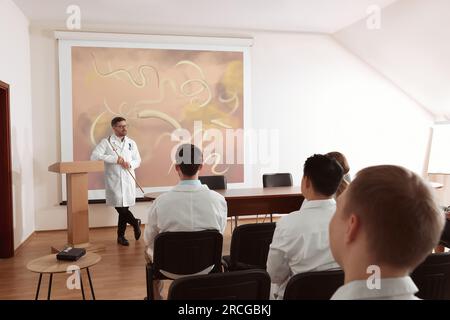 Lecture in gastroenterology. Professors and doctors in conference room. Projection screen with illustration of helminths Stock Photo