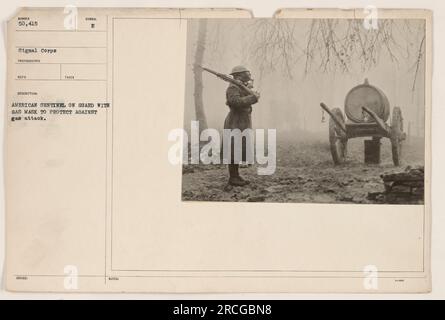 American soldier standing watch while wearing a gas mask for protection against potential gas attacks. This photograph was taken during World War One and depicts the preparedness and military strategies in place during the conflict. Stock Photo