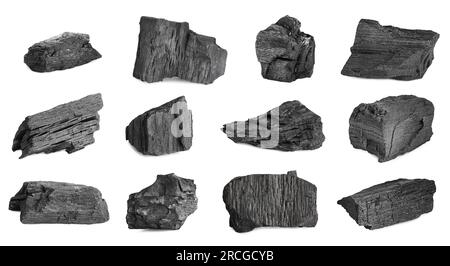 Collage with different pieces of charcoal on white background Stock Photo