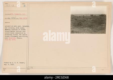 Pvt. Longacre of the 16th Regiment Infantry, 1st Division, is shown in a photograph taken on July 16, 1918, during the advance near Dormiers, France. The image depicts the location of a German trench mortar battery that inflicted significant casualties on the advancing troops. The entire German detachment was killed in the action. The photograph was cleared by the A.E.F. Censor on August 6, 1918. Stock Photo