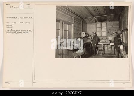 Interior view of a laboratory in Camp Hospital No. 50, located in Tonnerre, Yonne, France during World War I. The photograph was taken on January 30th, 1919. It was captured by the photographer T.A.L. Villanova and received on April 14th, 1919. The image is labeled as subject 52440 in the collection of photographs showing American military activities. Stock Photo