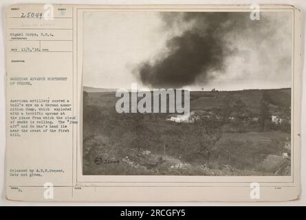 American artillery successfully hit a German ammunition dump during the American advance northwest of Verdun. The resulting explosion created a large cloud of smoke. This photograph captures the aftermath of the explosion and shows the landscape near the first hill where the 'Jump off' and No Man's Land were located. The exact date of the photograph is unclear, but it was released by the A.E.P Censor. Stock Photo