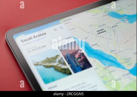 New York, USA - July 6, 2023: Saudi Arabia  country on map of apple ipad  close up view Stock Photo