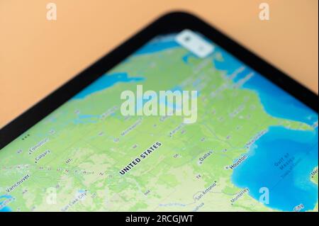 New York, USA - July 5, 2023: United States of America country on world map  close up on ipad screen Stock Photo
