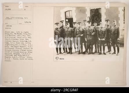 Group photo of high-ranking military officials from various countries during World War I. Front row, left to right: Brig. Gen. RD. Walsh, Brig. Gen. C.B. Wheeler, Maj. Gen. M.M. Patrick, Maj. Gen. P.J. Kernan, Brig. Gen. Johnson Hagood, Brig. Ceb. J.R. Kean. Back row, left to right: Brig. Gen. J.S. Winn, Brig. Gen. Edgar Russell, General Del Brigade Brevete d'Estat Major, Brig. Gen. H.N. Sargent, Brig. Gen. H.I. Rogers. Taken in France, at Hdqrs. Tours, Indre et Loire, KOTER 0 on 7/31/18. Stock Photo