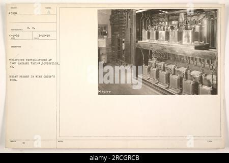 Caption: 'Telephone installations at Camp Zachary Taylor, Louisville, KY. The image shows a wire chief's room with 03 number relay frames, as captured by an S.C.S photographer on 4-2-19. This photograph is part of the record notations of 43194 taken on 1-22-19.' Stock Photo