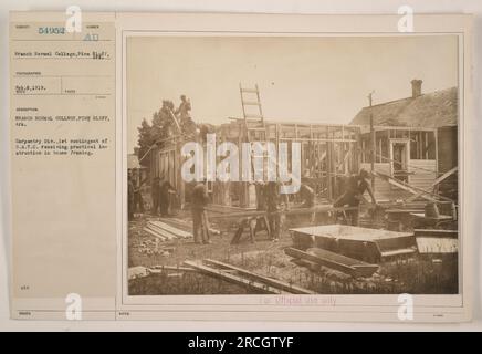 First contingent of the Student Army Training Corps (S.A.T.C.) at Branch Normal College in Pine Bluff, Arkansas, is receiving practical instruction in house framing. The photo was taken on February 8, 1919, and is intended for official use only. Stock Photo