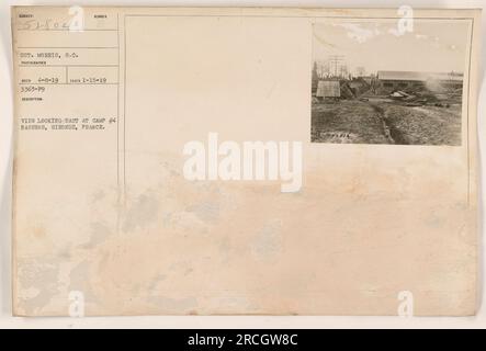 A factual caption for this image could be: 'View overlooking Camp #4 in Bassens, Gironde, France. Taken on January 15, 1919, this photograph depicts the eastern perspective of the camp. The photograph number is 52804, taken by Sergeant Morris.' Stock Photo