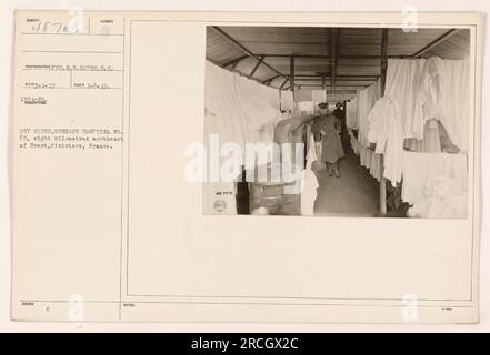 This is a photograph of the dry house at Kerhoun Hospital No. 65, located eight kilometers northeast of Brest, Finistere, France. It was taken on January 6, 1919, by Pvt. W.E. Soper of the S.C. ALCOZ-1-10 unit. The image is part of the collection with the designation 487021. Stock Photo