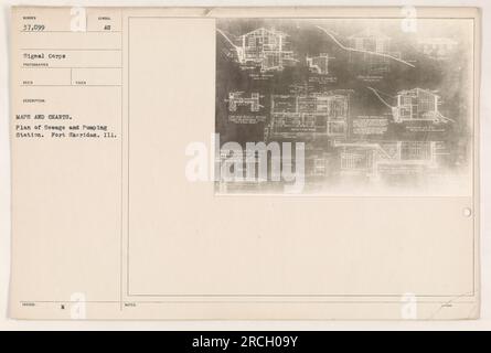 This image shows a plan of the Sewage and Pumping Station at Fort Sheridan, Illinois. The photograph was taken by the Signal Corps during World War One. The map displays various markings and notations, including the symbol 'M' and the mention of a cherbale tail. The platform on top of the station is also highlighted. Stock Photo