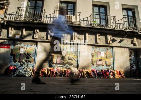 Madrid, Spain. 14th July, 2023. In memory of Concha, the owner of the clothing store located in the square who was murdered last week in a robbery at her business, and to denounce the abandonment of the neighborhood and the feeling of unsecured in the area. (Photo by Alberto Sibaja/Pacific Press) Credit: Pacific Press Media Production Corp./Alamy Live News Stock Photo