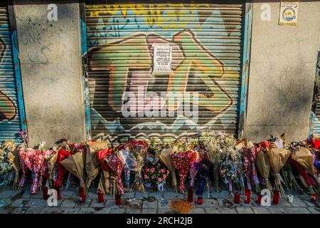 Madrid, Madrid, Spain. 14th July, 2023. In memory of Concha, the owner of the clothing store located in the square who was murdered last week in a robbery at her business, and to denounce the abandonment of the neighborhood and the feeling of unsecured in the area. (Credit Image: © Alberto Sibaja/Pacific Press via ZUMA Press Wire) EDITORIAL USAGE ONLY! Not for Commercial USAGE! Stock Photo