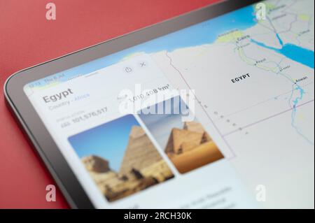 New York, USA - July 6, 2023: Egypt country info on apple maps ipad macro close up view Stock Photo