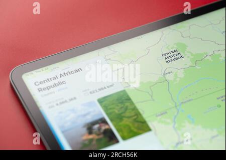 New York, USA - July 6, 2023: Central African Republic  country shape on map ipad macro close up view Stock Photo