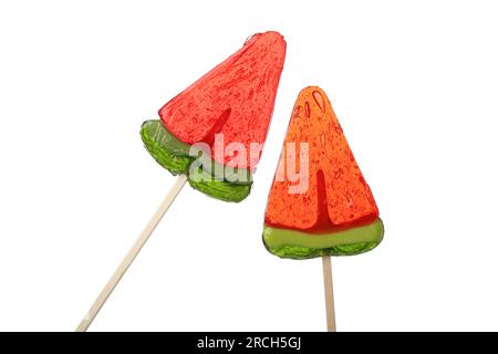 Lollipops in shape of watermelon slice on white background Stock Photo