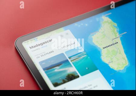 New York, USA - July 6, 2023: Madagascar on online apple maps in screen of ipad tablet close up view Stock Photo