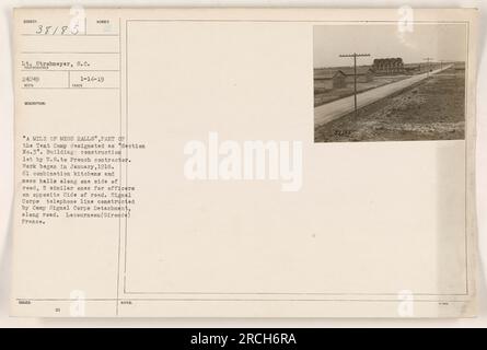 Description: This photograph, numbered 111-SC-38185, was taken by Lt. Strohmeyer of the Signal Corps. It depicts a section of a tent camp known as 'Section No.3' during World War One. The camp is located in Lecourneau, France, and was constructed by a French contractor starting in January 1918. The image shows a row of 61 combination kitchen and mess halls on one side of the road, with 5 similar ones for officers on the opposite side. A Signal Corps telephone line can also be seen along the road. This photo was included in the official issued report on January 14, 1919. Stock Photo