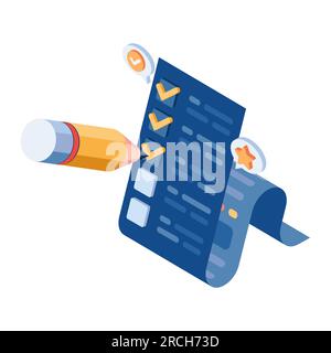 Flat 3d Isometric Pencil Tick Checkmark on To Do List. Business Plan and Achievement Concept. Stock Vector