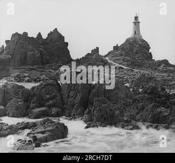 La Corbière Lighthouse at Jersey in St. Brélade - Image from an antique glass lantern slide (British format) - unknown photographer and unknown date Stock Photo