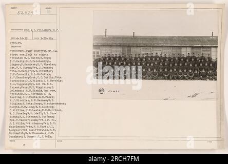 Personnel of Camp Hospital No. 64 in Chatillon sur Seine, Cote d'Or, France. The photograph was taken by Sgt. A.L. Villanova on January 29, 1919. The first row includes Privates M.D. Baird, H. Hoge, I.D. Kelly, D.J. Delehanty, L. Linger, F. Sanders, E.P. Wheeler, Sgt. V.C. Glynn, Pvt. J. Jenner, Pvts. R. Harper, H.C. Brewster, C.F. Connelly, J.L. McCulley, E.P. Hensler, Cook C.C. Cutlip, and more. The second row consists of Privates D.L. Hoffman, C.B. Wesling, J.J. Ennis, M.E. Casey, W.J. Birchler, R.W. Barnes, W.E. Ridgley, E. Hetz, and more. The third row features Privates F.W. Goldsmith, H. Stock Photo