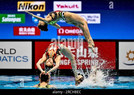 Fukuoka, Japan. 15th July, 2023. Team Japan competes in the Acrobatic Routine during the 20th World Aquatics Championships at the Marine Messe Hall A in Fukuoka (Japan), July 15th, 2023. Credit: Insidefoto di andrea staccioli/Alamy Live News Stock Photo