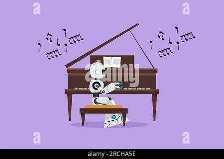 Graphic flat design drawing robot musician sitting and playing grand piano on stage. Modern robotic artificial intelligence. Electronic technology ind Stock Photo