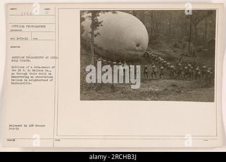 Soldiers of the 3rd U.S. Balloon Co., conducting a drill near Verdun during World War I. They are practicing maneuvers to operate an observation balloon in the vicinity of Handainville. This photograph was taken by an official photographer, with the subject number 50605. The image was received on January 31, 1919, and released by the AEF Censor on February 1, 1919. Stock Photo