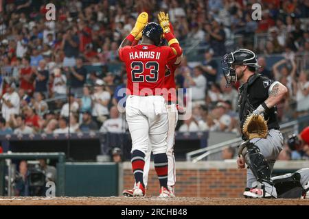 ATLANTA, GA – JULY 11: Braves All Stars Freddie Freeman (5) and Nick  Markakis (right) trade high-fives following the conclusion of the game  between Atlanta and Toronto on July 11th, 2018 at