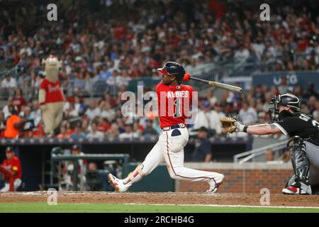 Milwaukee, United States Of America. 23rd July, 2023. July 23, 2023:  Atlanta Braves second baseman Ozzie Albies (1) turns a double play during  the game between the Milwaukee Brewers and the Atlanta