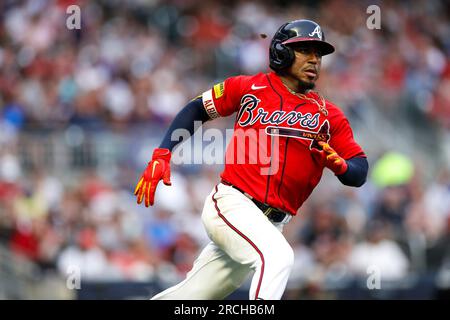 Atlanta Braves second basemen Ozzie Albies (1) gets injured while batting  during an MLB regular season game against the Los Angeles Dodgers, Tuesday  Stock Photo - Alamy