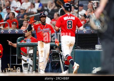 National League's Matt Olson, of the Atlanta Braves, looks on during the  MLB All-Star baseball game against the American League in Seattle, Tuesday,  July 11, 2023. (AP Photo/Lindsey Wasson Stock Photo 