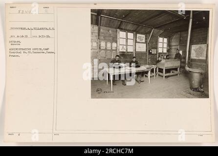 A photograph of the administrative office located at Camp Hospital No. 50 in Tonnerre, Yonne, France, taken on January 31, 1919. The photo, captured by Regimental A.L. Villanova of the Signal Corps, shows an overview of the office building. This image was officially issued by the administrative office for record-keeping purposes. Stock Photo