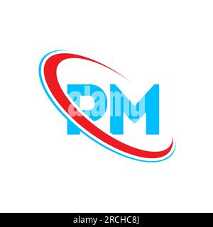 PM P M letter logo design. Initial letter PM linked circle uppercase monogram logo red and blue. PM logo, P M design Stock Vector