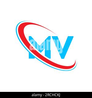 MV M V letter logo design. Initial letter MV linked circle upercase monogram logo red and blue. MV logo, M V design Stock Vector