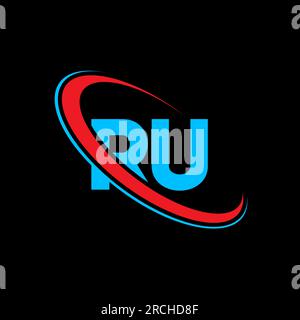 RU R U letter logo design. Initial letter RU linked circle uppercase monogram logo red and blue. RU logo, R U design. ru, r u Stock Vector