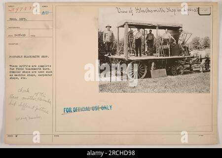 A portable blacksmith shop set up at Sumberau Port during World War One. The shop was fully equipped for field blacksmith work and was part of a larger system which included machine shops and carpenter shops. This image is marked with incorrect numbering and is labeled "FOR OFFICIAL USE ONLY." Stock Photo