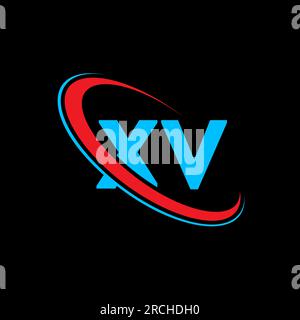 XV X V letter logo design. Initial letter XV linked circle uppercase monogram logo red and blue. XV logo, X V design. xv, x v Stock Vector