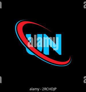 UN U N letter logo design. Initial letter UN linked circle uppercase monogram logo red and blue. UN logo, U N design. un, u n Stock Vector
