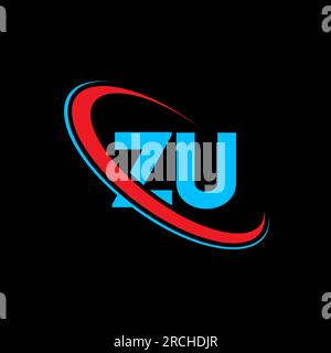 ZU Z U letter logo design. Initial letter ZU linked circle uppercase monogram logo red and blue. ZU logo, Z U design. zu, z u Stock Vector