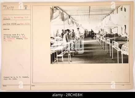 'Photograph of Pvt. L. P. Goldshlag in Surgical Ward #1 'A' at Base Hospital # 101 in St. Nazaire, France, taken on June 24, 1918. The image was passed by A. E. P. Censor on July 16, 1918. Caption: Surgical Ward #1 'A' at Base Hospital # 101, showing Pvt. L. P. Goldshlag.' Stock Photo