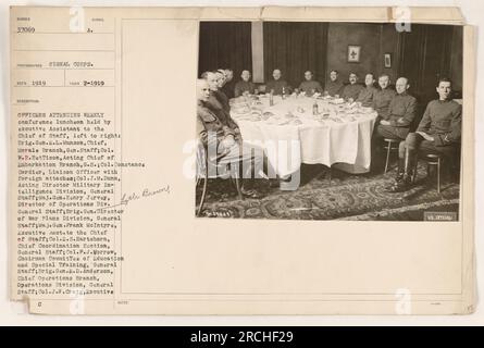 Officers attending a weekly conference luncheon held by the Executive Assistant to the Chief of Staff. From left to right: Brig. Gen. E.L. Munson, Col. W.R. Bettison, Col. Constance Cordier, Col. J.M.Dunn, Maj. Gen. Henry Jervey, Brig. Gen. , Maj. Gen. Frank McIntyre, Col. E.S. Hartshorn, Col. P.J. Morrow, Brig. Gen. E.D. Anderson, and Col. J.N. Craig. Photo taken in 1919. Stock Photo