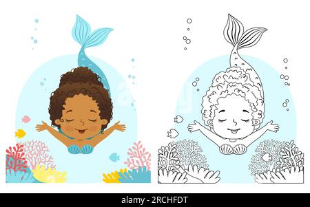 Black and white vector coloring for children. Illustration of beautiful girl mermaid Stock Vector