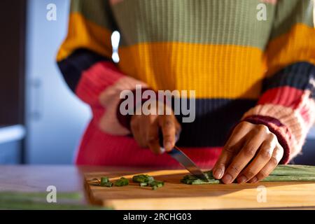 Midsection of african american woman preparing meal chopping spring onions in kitchen Stock Photo