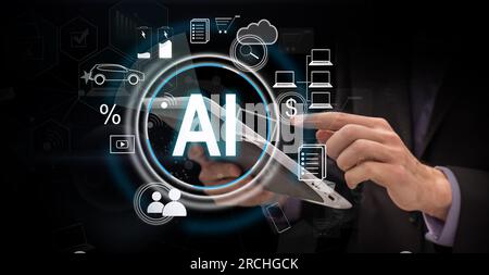 Hand holding smatphone with creative ai circuit brain and icons. Artificial intelligence and communication concept Stock Photo