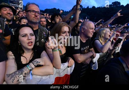 Vizovice, Czech Republic. 14th July, 2023. Visitors during the second day of the Masters of Rock international metal music festival in Vizovice, Czech Republic, July 14, 2023. Credit: Dalibor Gluck/CTK Photo/Alamy Live News Stock Photo